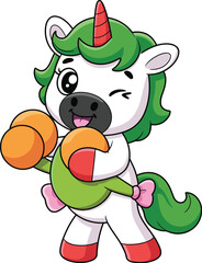 Cartoon unicorn boxer — green hair, red horn, orange gloves, cheerful expression, white body, pink bow, holding green belt