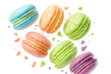 Sweet colorful macarons with crumbs, isolated on transparent background