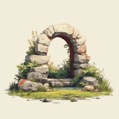 Stone archway, overgrown with greenery,  leads to a small pool