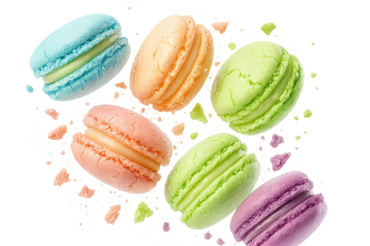 Sweet colorful macarons with crumbs, isolated on transparent background