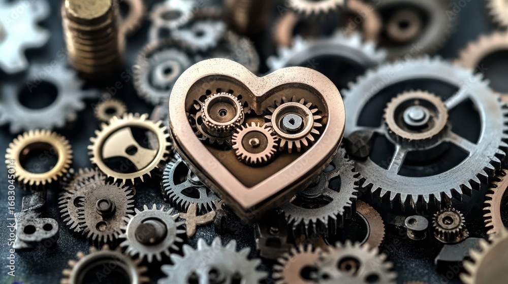 Poster intricate steampunk heart with interlocking gears and cogs symbolizing precision mechanisms and art