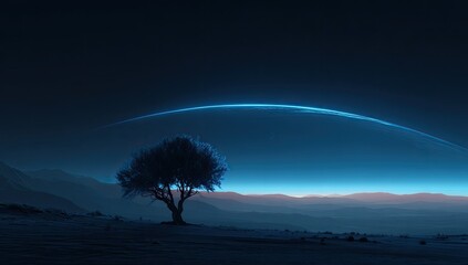 Silhouetted tree on a desolate, night-time landscape with a glowing ringed planet