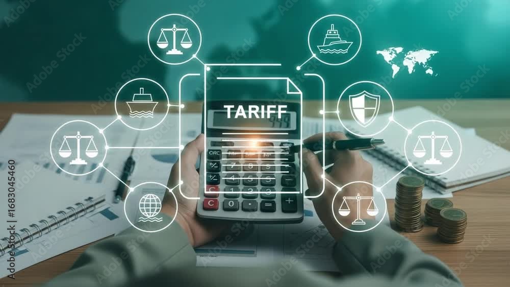 Aufkleber person using calculator with tariff overlay and business icons on a desk with coins and notebook