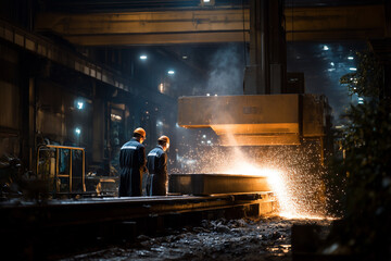 Steel Factory with Workers and Molten Metal