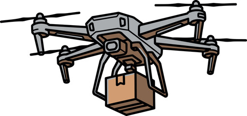 Futuristic delivery drone with a package, illustrating autonomous shipping and modern logistics technology