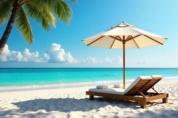 Fototapeta premium Relaxing beach scene with comfortable beds under a large beach umbrella offering shade and comfort , hotel, sea