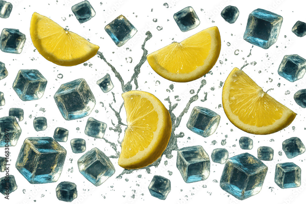 Poster refreshing lemon slices and ice cubes splash, isolated on transparent background.
