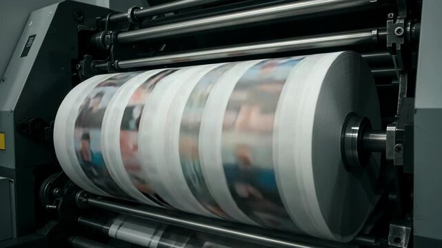 Printing press roller with colorful images in motion