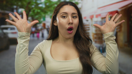 Hispanic woman in beige top raises open hands and gasps amidst parked cars and bakery storefronts...