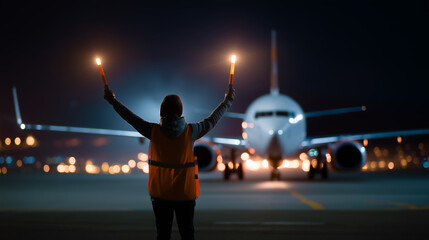 Ground Crew Guiding Airplane at Night
