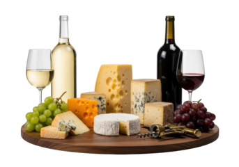 Elegant white and red wine bottles, crystal glasses, gourmet cheese selection, grapes, and corkscrew on a dark walnut board, white studio background with bokeh, concept of sophisticated wine tasting