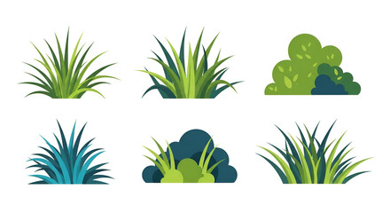 Collection of stylized green and blue grass clumps and lush bushes. A versatile set of vector plant icons for landscaping and nature design elements