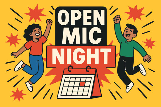 e banner flat vector illustration bold oversized text inside rectangular frame cartoon characters jumping with calendar bright solid colors high contrast explosion shapes and motion lines.