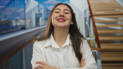 Young hispanic woman in white blouse crosses arms showing hands on cruise deck near wooden railing while smiling; quiet confidence.