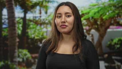 Young hispanic woman raises hands near shoulders and glances sideways in green park with palm tree...