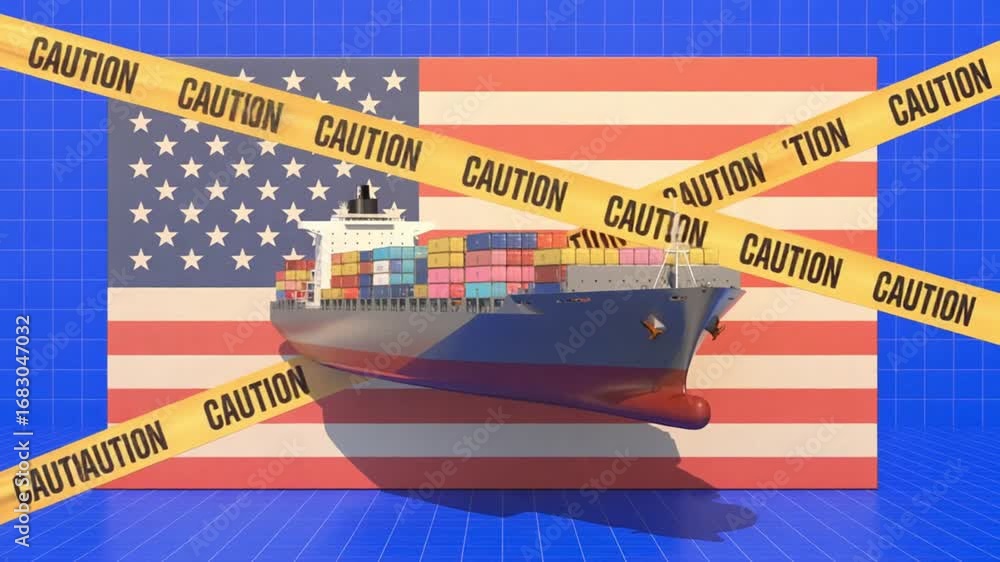 Poster container ship with caution tape in front of an american flag on a blue grid background design