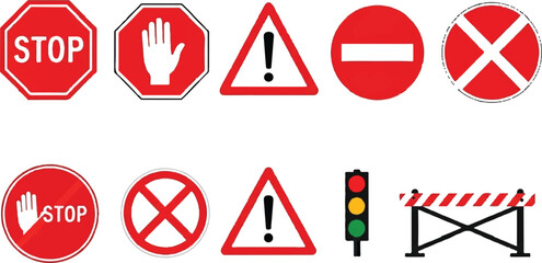 Collection of Red and White Safety and Traffic Signs | Stop, Warning, and Prohibition Symbols for Regulations, Construction, and Awareness Campaigns