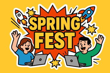 anner flat vector illustration bold oversized text inside outline cartoon characters waving with laptops and rockets bright solid colors high contrast explosion shapes and motion lines.