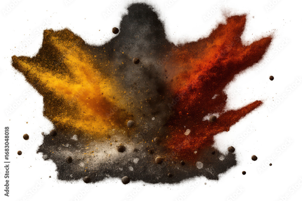 Poster vibrant explosion of colorful powders with spheres isolated on transparent background