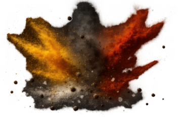 Vibrant explosion of colorful powders with spheres isolated on transparent background