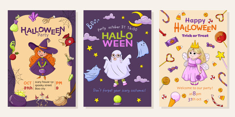 Halloween invitation posters with witch, ghost and fairy kids characters in festive frame. Vector hand drawn funny cartoon illustration set for party design, greeting cards, flyers, with text place