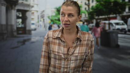Woman showing cleavage in open plaid shirt glances to the side while standing on a busy street with...