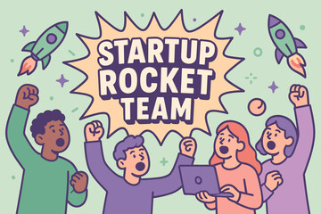 Obraz premium Startup Rocket Team banner flat vector illustration bold oversized text inside comic burst cartoon characters shouting with rockets and laptops pastel trendy palette with #2E8B57 #6B5B95.