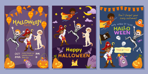 Halloween party invitations and greeting card set with kids in costumes of mummy, pirate, skeleton and superhero. Festive vector templates for Trick or Treat posters, flyers, banners, postcards