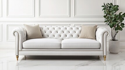 A stylish white tufted sofa with two beige pillows, set against elegant wainscoting and accompanied by a green potted plant.