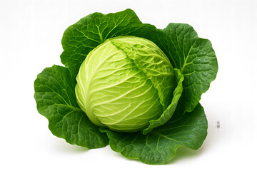 Obraz premium Fresh Green Cabbage Head with Crisp Leaves Isolated on White Surface for Healthy Cooking Ingredient