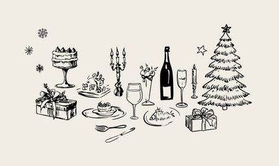Minimalist hand drawn food and drink vector illustration. Wine, champagne glass, cheese, cake drawings for wedding invitations, menus and parties. Ink doodle sketch style