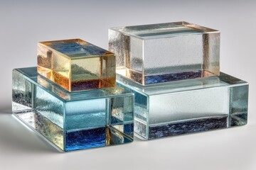 Three rectangular glass blocks, stacked.  Various translucent colors