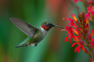 Fototapeta premium A hummingbird hovering near an exotic red flower, hummingbird.