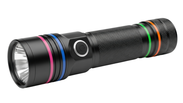 Black LED flashlight with colourful rings isolated
