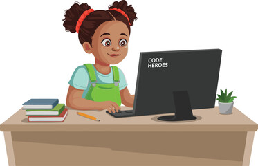 Cartoon, girl, coding, at, desk, with, computer, books, plant, Code, Heroes, screen, programming, vector, illustration, education, technology, learning, youth, developer