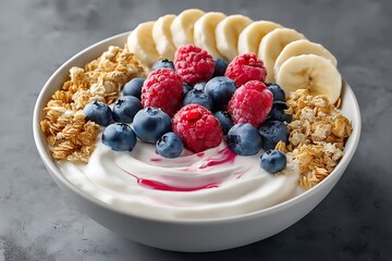 A vibrant bowl filled with creamy yogurt, topped with crunchy granola, juicy blueberries, sweet raspberries, and banana slices, presenting a wholesome breakfast option.
