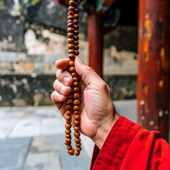 Hand holding prayer beads in temple