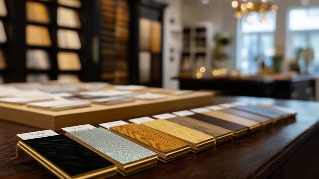 Explore 185 luxury hardwood flooring samples in rich tones, complemented by mood boards and lighting demos in a design studio.