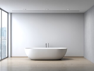 A modern bathroom interior showcases a sleek, white freestanding tub against a light gray wall, complementing the natural light wood floors.
