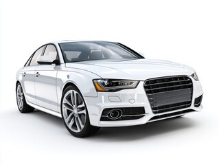 A glossy white sedan, expertly rendered, boasts sharp lines and a sleek design against a plain white background.