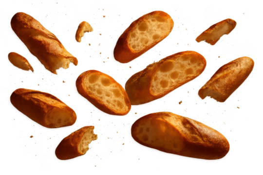 Delicious golden bread pieces isolated on transparent background, fresh bakery - Powered by Adobe