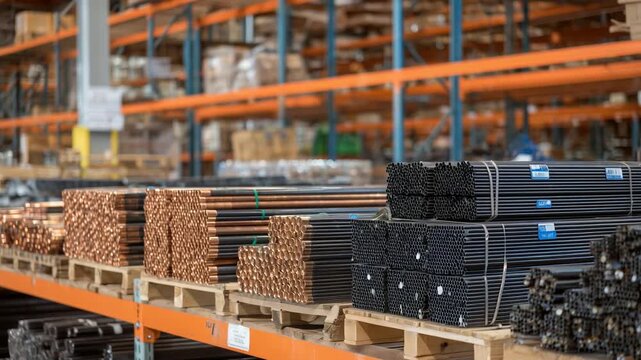Organized copper pipes and fittings in warm-toned rows enhance a hardware warehouse's aesthetic.