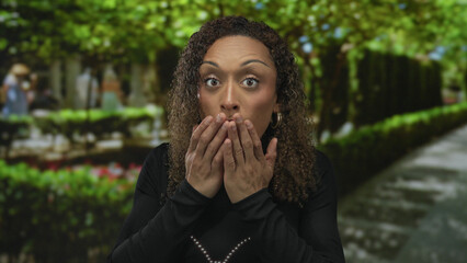 Woman with curly hair covering mouth with hands on sunlit green forest path in daylight; surprise.