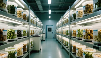 Rows of carefully preserved plant and seed specimens in a modern scientific research facility for future food security and sustainability
