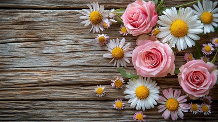 Obraz premium Pink roses & daisies on rustic wood