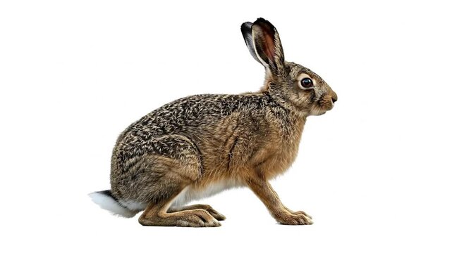 A brown hare sits facing right with tall ears perked up against a white background