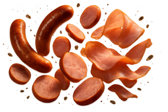 Delicious sausages, sliced sausage, and ham slices isolated on transparent background