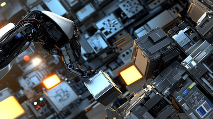 Robotic Arm Manipulating a Cube in a High-Tech Environment