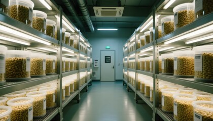 Obraz premium Advanced agricultural science laboratory with shelves of plant cultures or seeds for genetic research and biotechnology