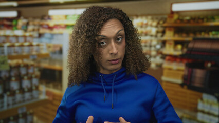 Transgender woman holds hands horizontal at supermarket aisle with grocery shelves and jars in...